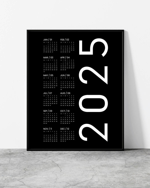 Minimalist black 2025 calendar with a clean monthly grid design.