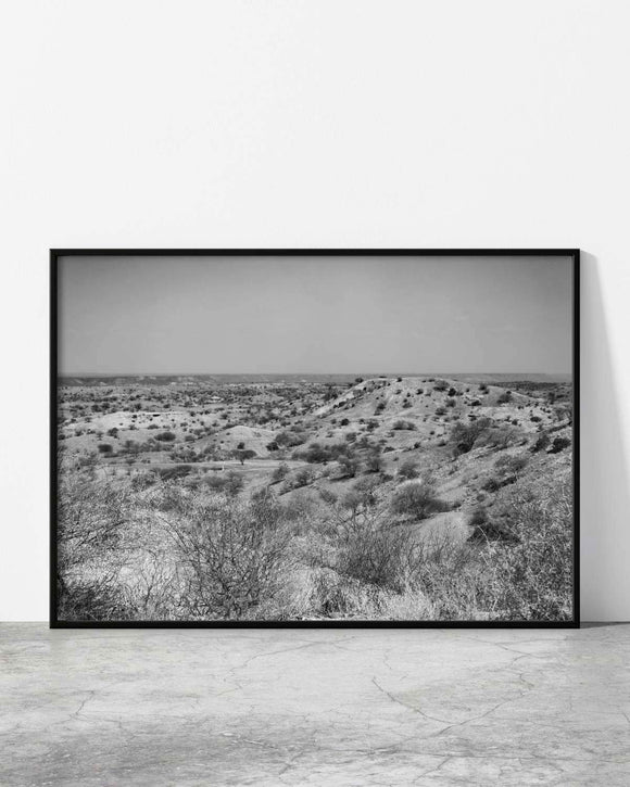 Serene desert-like scenery with rugged hills and scattered bushes in grayscale.