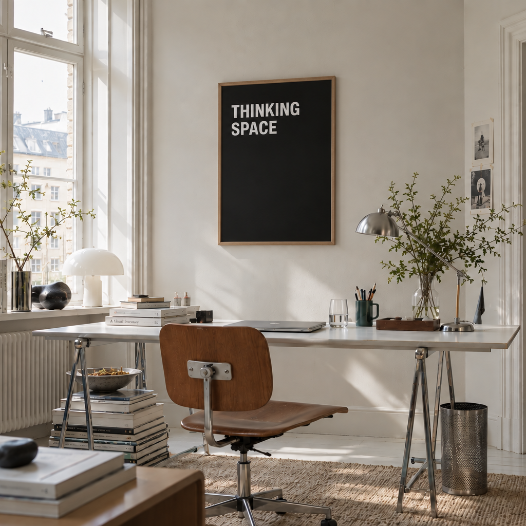 Office wall art in a bright Scandinavian home office featuring the North Minimal Thinking Space print