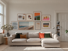 Large gallery wall above a beige sofa with framed abstract art and landscape prints in a bright living room.