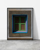 Colourful window print of weathered green, lilac and blue shutters framed by grey plaster