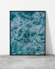 Abstract wave print of turquoise sea water and white foam seen from above, Madeira