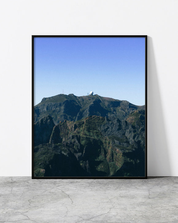 Mountain poster of a white radar dome on a jagged volcanic peak under blue sky, Madeira