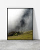 Foggy forest print of a wooded ridge dissolving into soft teal mist, Madeira