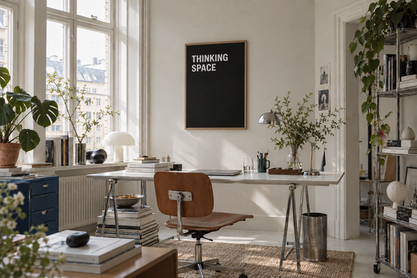 Thinking Space 50x70 cm typography print in a bright Scandinavian home office with a wooden frame