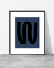 Contemporary wall art with a fluid black form contrasting against a dark blue canvas, creating a modern aesthetic.