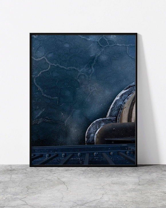 Minimalist urban print featuring a close-up of an industrial structure with frosted textures and deep blue tones.