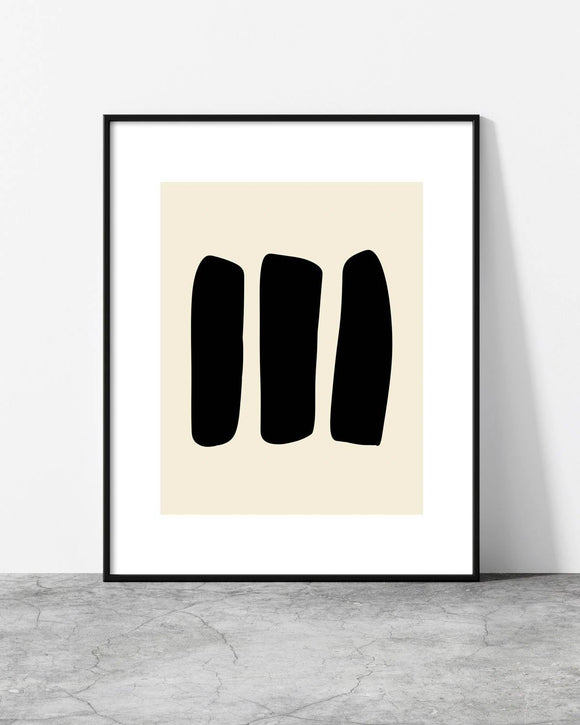 Minimalist abstract art print featuring three bold black organic shapes on a soft beige background.