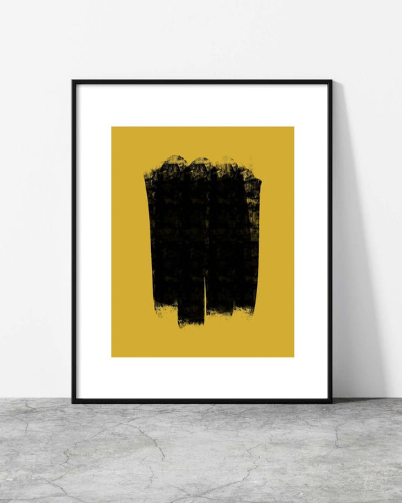 Stylish abstract print with a geometric-inspired black silhouette contrasting a warm yellow backdrop.